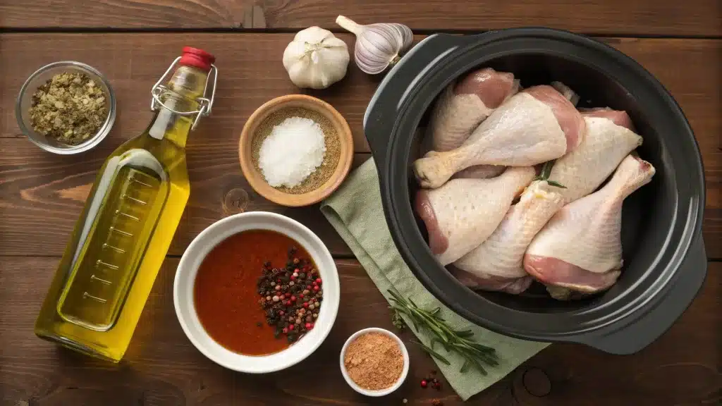 Fresh chicken legs, olive oil, seasonings, and chicken broth arranged neatly for a crock pot recipe.