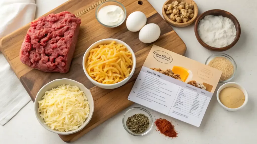 Ingredients for Mac and Cheese Meatloaf Casserole: ground beef, cheese, macaroni, breadcrumbs, and seasonings.