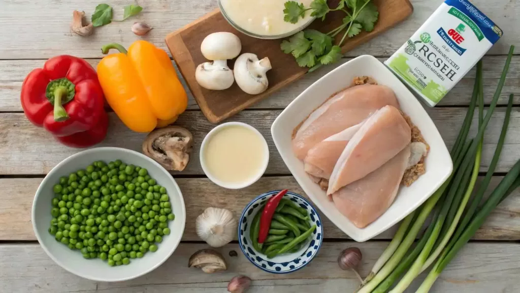 Key ingredients for Slow Cooker Chicken a la King: chicken breasts, mushrooms, bell peppers, peas, heavy cream, and chicken broth arranged on a rustic wooden table.
