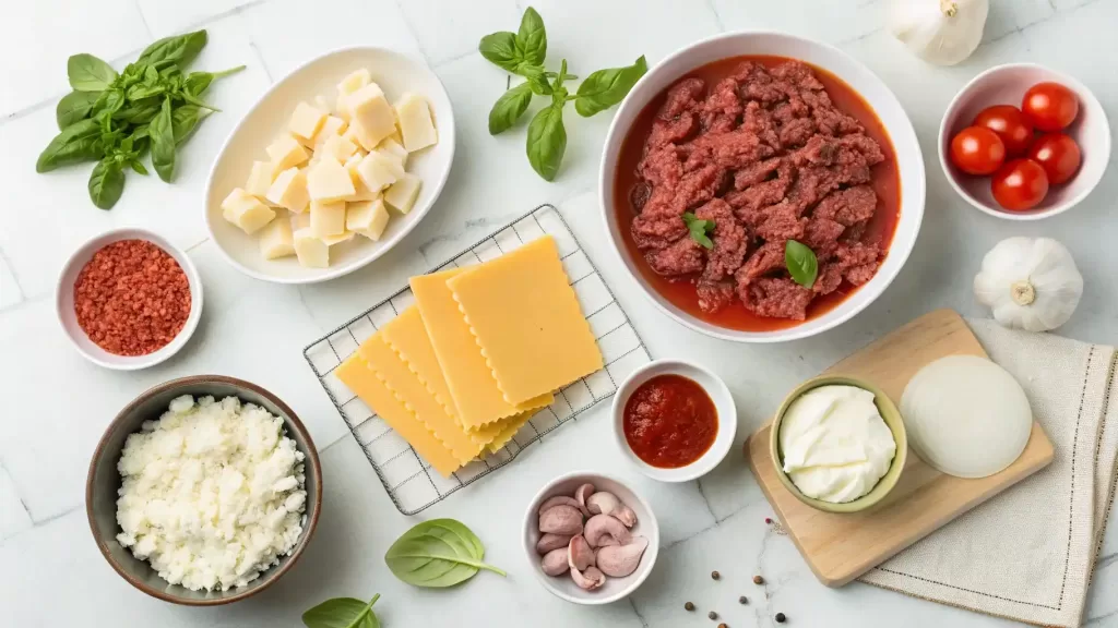 A neatly arranged collection of ingredients for slow cooker lasagna soup, including ground beef, diced tomatoes, lasagna noodles, ricotta, mozzarella, and fresh herbs.