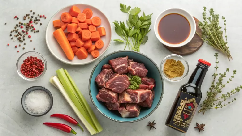 A neatly arranged selection of ingredients for Jamaican oxtail stew, including oxtail pieces, spices, vegetables, and broth.