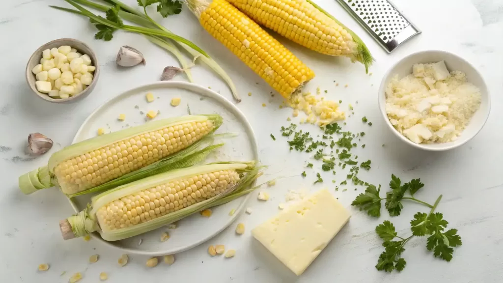 Fresh corn, butter, garlic, herbs, and Parmesan cheese arranged neatly on a marble countertop.