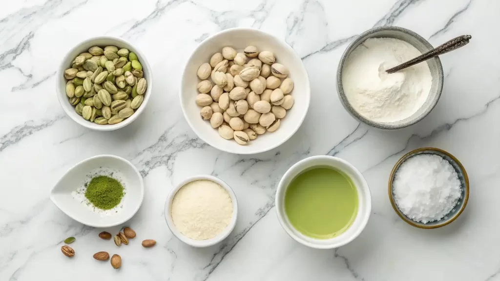 pistachio cream recipe: Raw pistachios, granulated sugar, vanilla extract, heavy cream, and a pinch of salt arranged neatly on a marble countertop.