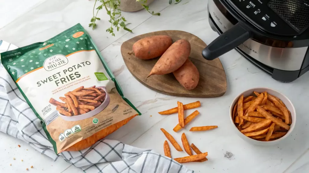 Frozen Alexia sweet potato fries bag and fresh sweet potatoes on a kitchen counter.