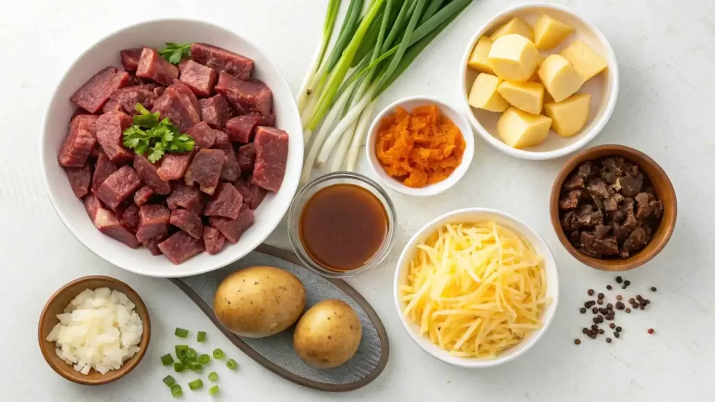 Fresh ingredients for Crockpot Loaded Steak and Potato Bake: steak, potatoes, onion, garlic, beef broth, Worcestershire sauce, cheese, bacon, and green onions.