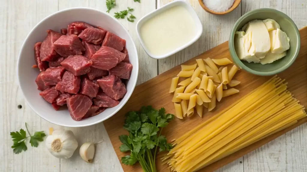 Ingredients for one-pot creamy beef and garlic butter pasta: sirloin steak, minced garlic, butter, penne pasta, chicken broth, and fresh parsley arranged on a wooden table.