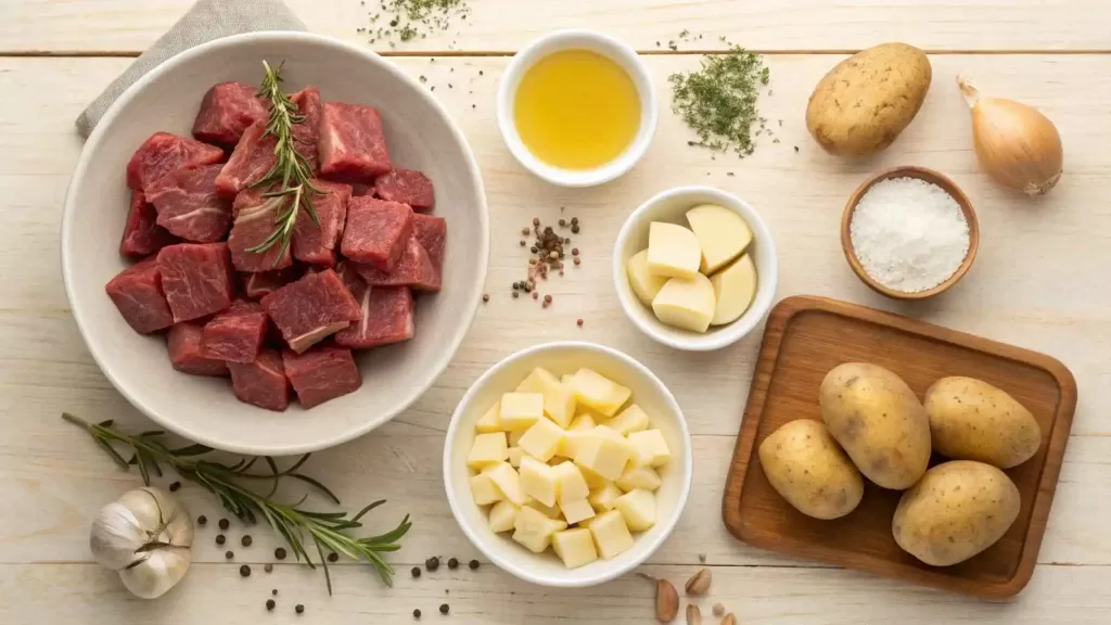 A flat-lay of ingredients for Slow Cooker Garlic Butter Beef Bites & Potatoes: beef, potatoes, garlic, butter, beef broth, and Italian seasoning.