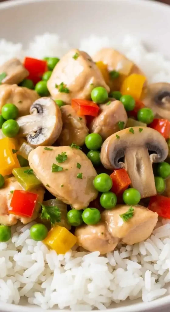 closeup warm, creamy bowl of Slow Cooker Chicken a la King served over fluffy white rice, garnished with fresh parsley.