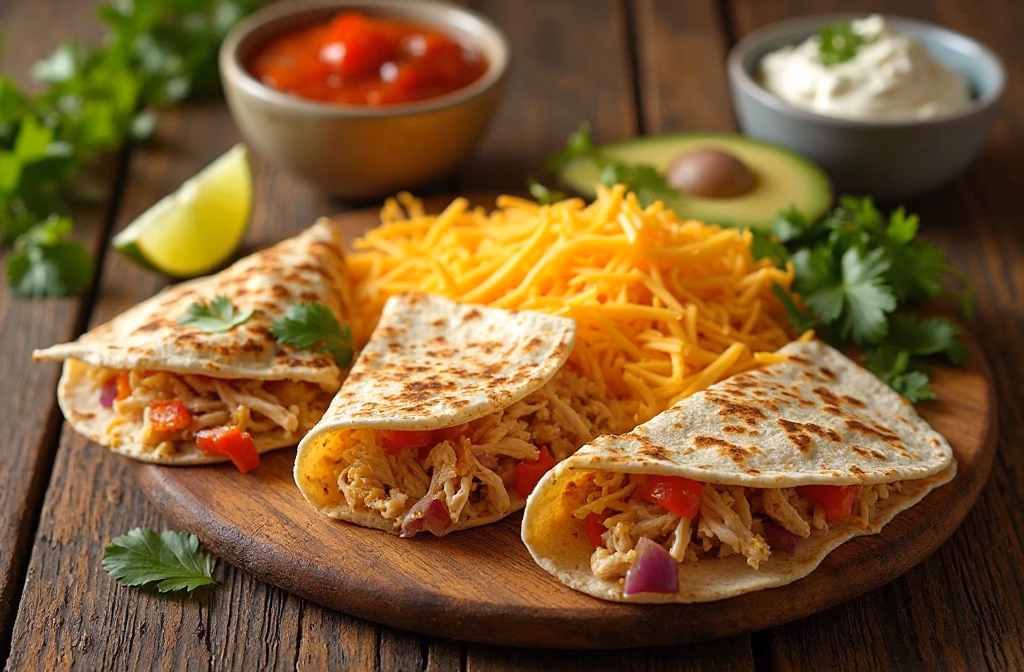 recipe image of a photography of mexican ingredients for air fryer chicken quesadillas with cooked shredded chicken breast flour tortillas shredded cheddar cheese bell peppers red onion avocado cilantro lime and a bowl of salsa and sour cream arranged attractively on a rustic wooden table with natural lighting soft shadows