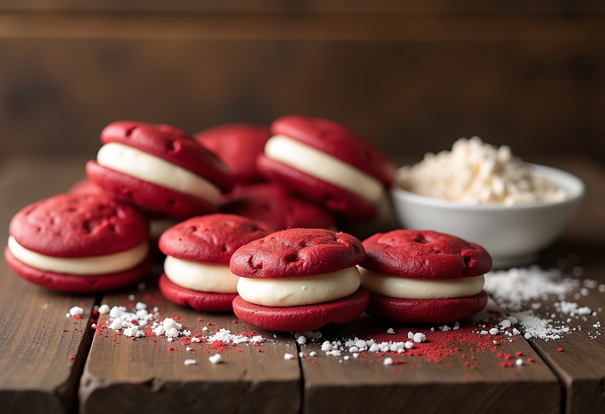 Close-up of fluffy red velvet whoopie pies, perfect Christmas dessert recipe from MisterRecipes.com.