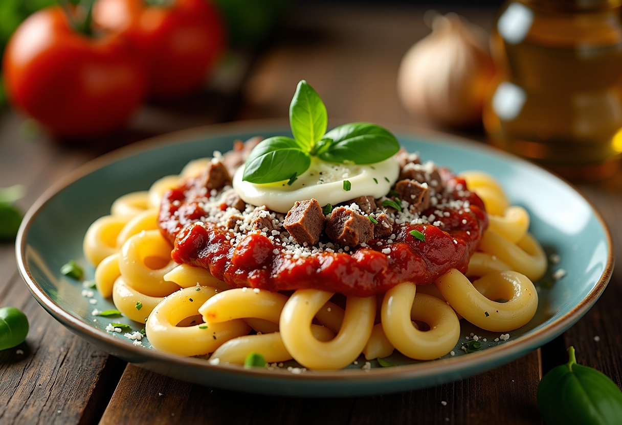 Baked ziti close-up with bubbly cheese and rich bolognese.