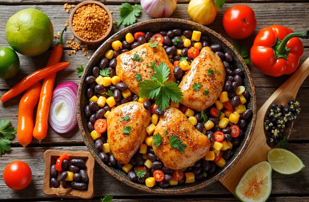 recipe image of a beautifully arranged flat lay of fresh chicken breast black beans corn diced tomatoes onion bell peppers garlic cumin chili powder paprika lime juice and cilantro in natural light with a rustic wooden background high resolution hyperrealistic food photography