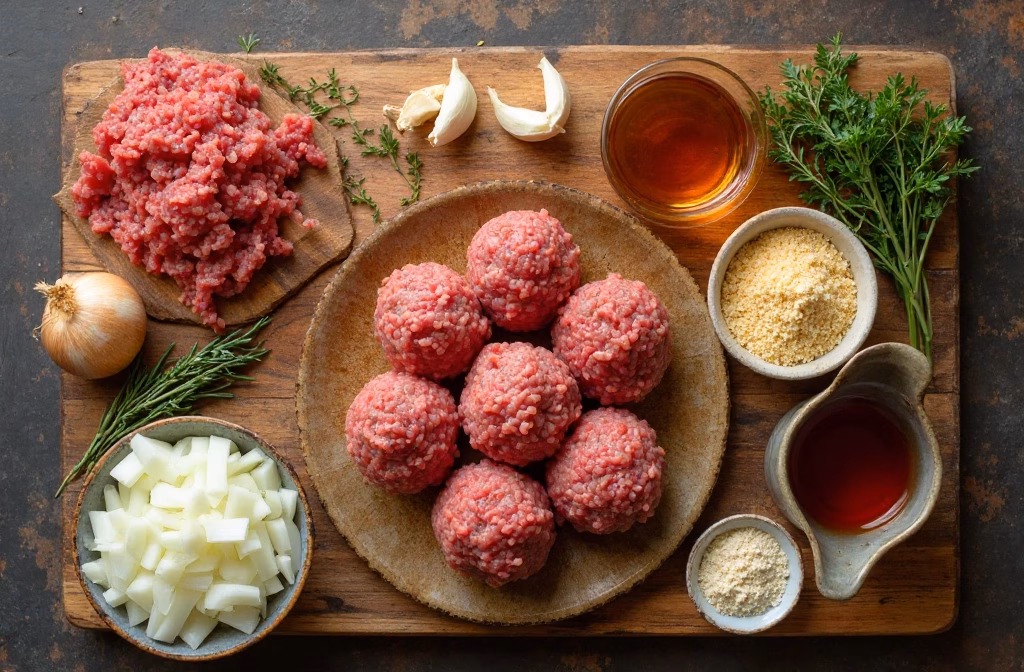 recipe image of a high-resolution top-down shot of fresh ingredients for French Onion Meatballs on a rustic wooden cutting board Ingredients include ground beef sliced onions garlic fresh thyme breadcrumbs eggs beef broth Gruyere cheese and a touch of red wine artfully arranged with good lighting and shallow depth of field