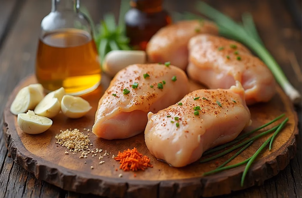 recipe image of A realistic and creative image showing ingredients for maple garlic chicken bites including chicken breasts or thighs maple syrup garlic cloves soy sauce olive oil salt and pepper with optional red pepper flakes and green onions for garnish arranged artfully on a rustic wooden board with good lighting and shallow depth of field