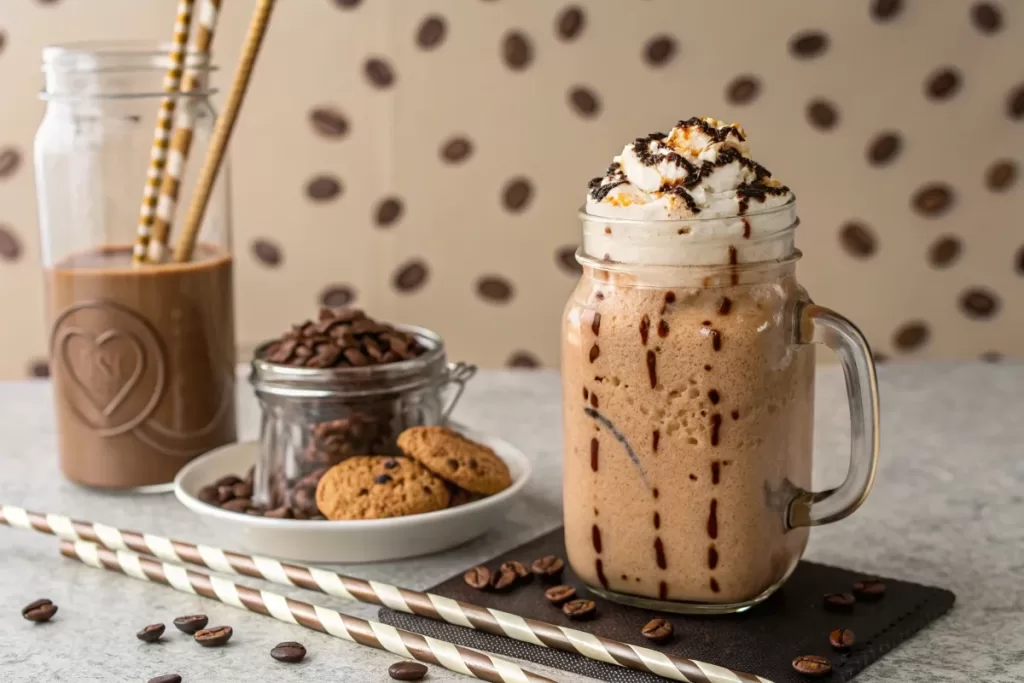 Mocha Cookie Crumble Frappuccino in a mason jar and a clear tall glass with