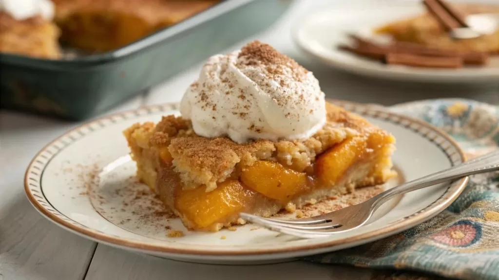 a-warm-slice-of-cake-mix-peach-cobbler-is-being-se
