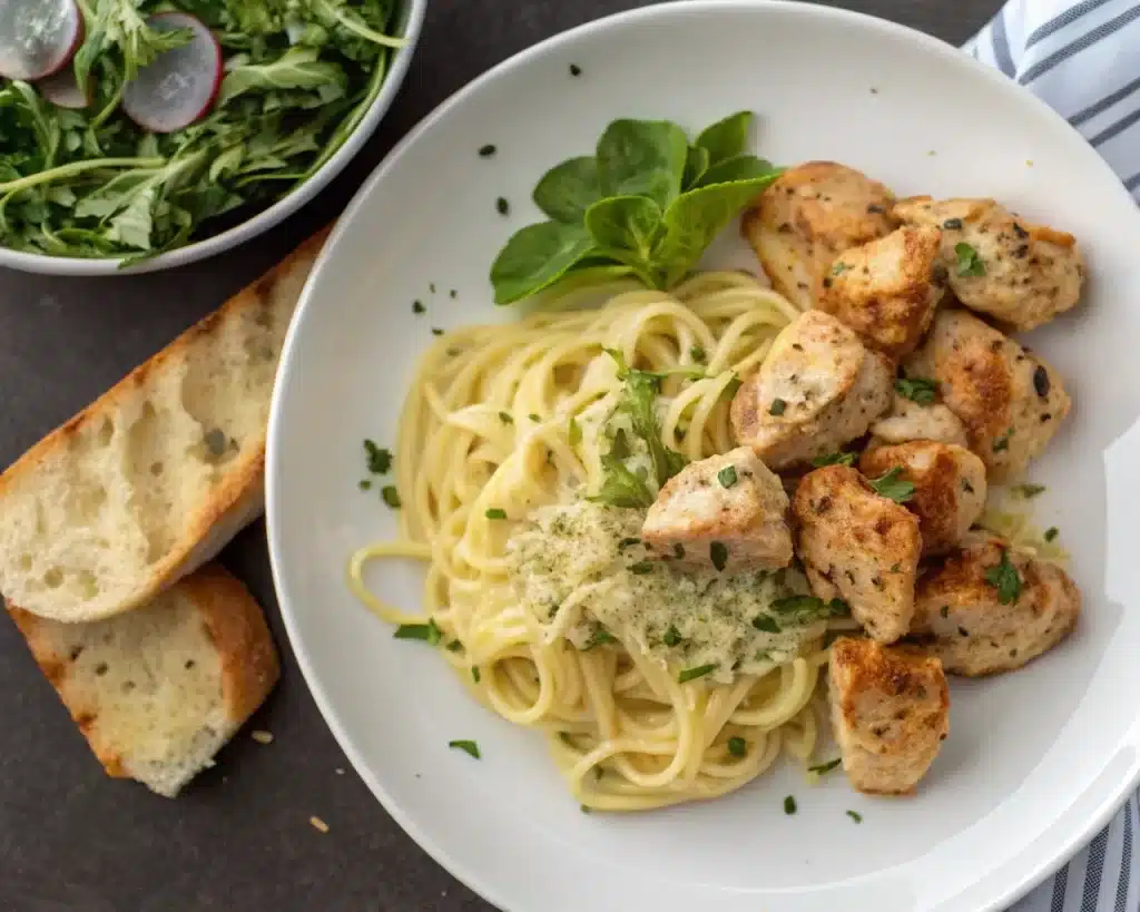 Garlic Butter Chicken Bites with Creamy Parmesan Pasta -