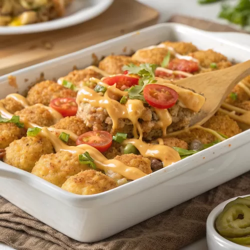 Big Mac Tater Tot Casserole with crispy tater tots, melted cheese, and fresh lettuce and tomato toppings
