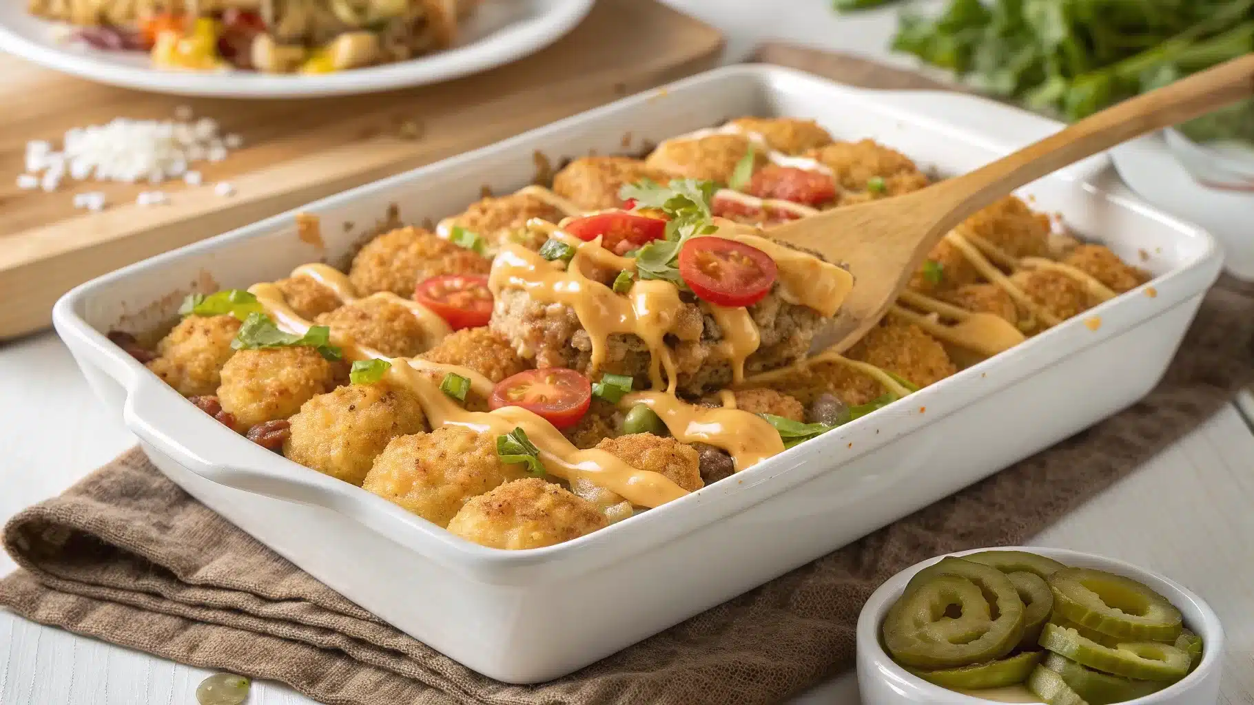 Big Mac Tater Tot Casserole with crispy tater tots, melted cheese, and fresh lettuce and tomato toppings