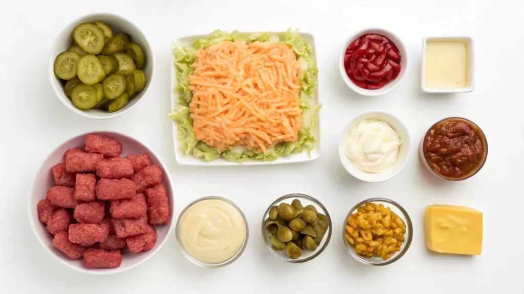 Ground beef, tater tots, cheese, lettuce, tomatoes, pickles, and Big Mac sauce ingredients for casserole