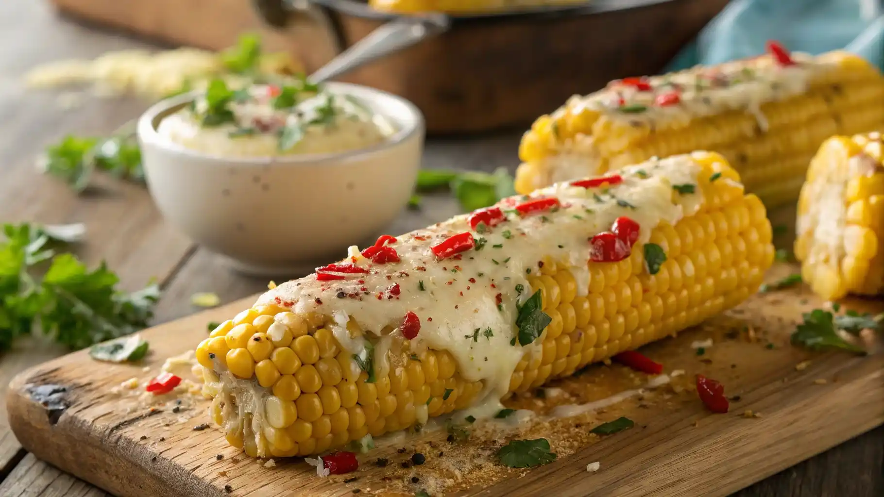 Golden grilled corn on the cob slathered in melted garlic butter and sprinkled with Parmesan cheese, fresh herbs, and a hint of chili flakes.