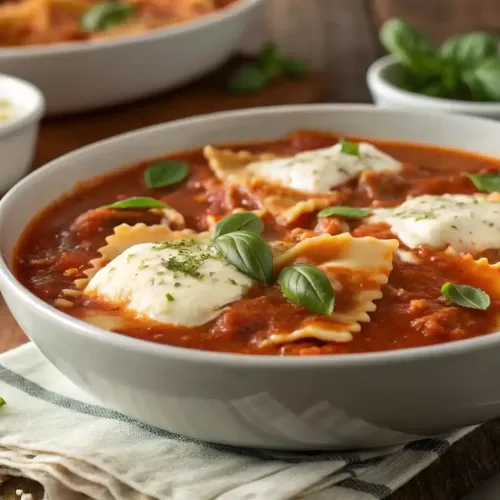 A steaming bowl of slow cooker lasagna soup topped with melted mozzarella, ricotta, and fresh basil, served with a spoon on a rustic table.
