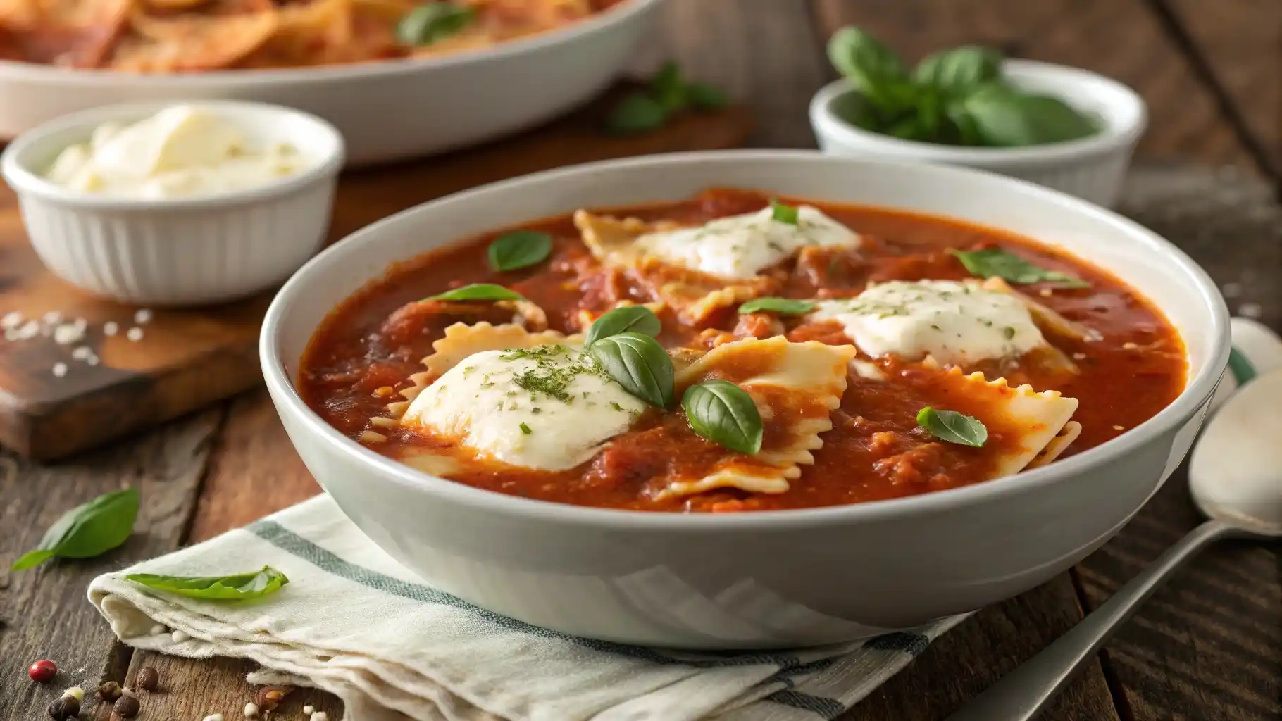 A steaming bowl of slow cooker lasagna soup topped with melted mozzarella, ricotta, and fresh basil, served with a spoon on a rustic table.