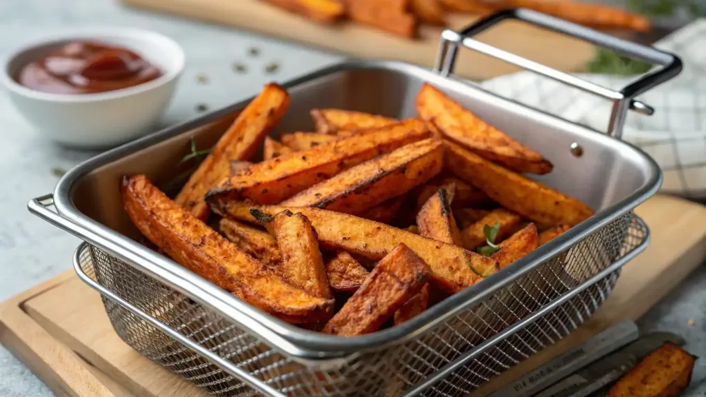 Golden and crispy Alexia sweet potato fries in an air fryer basket, ready to serve.