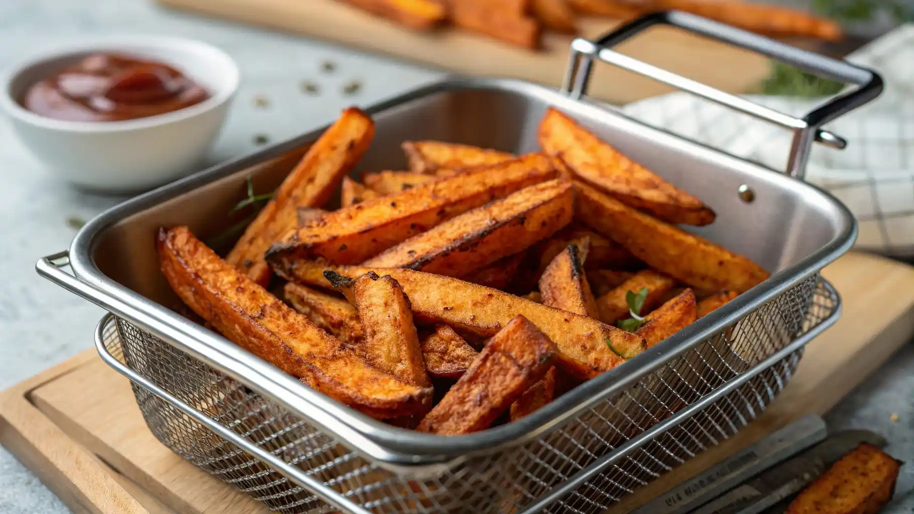 Golden and crispy Alexia sweet potato fries in an air fryer basket, ready to serve.