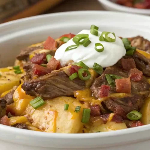 A delicious Crockpot Loaded Steak and Potato Bake with tender steak, creamy potatoes, melted cheese, and crispy bacon, garnished with green onions and sour cream.