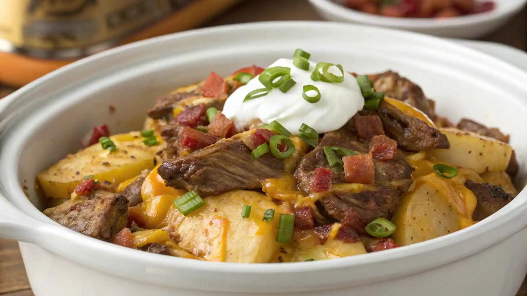 A delicious Crockpot Loaded Steak and Potato Bake with tender steak, creamy potatoes, melted cheese, and crispy bacon, garnished with green onions and sour cream.