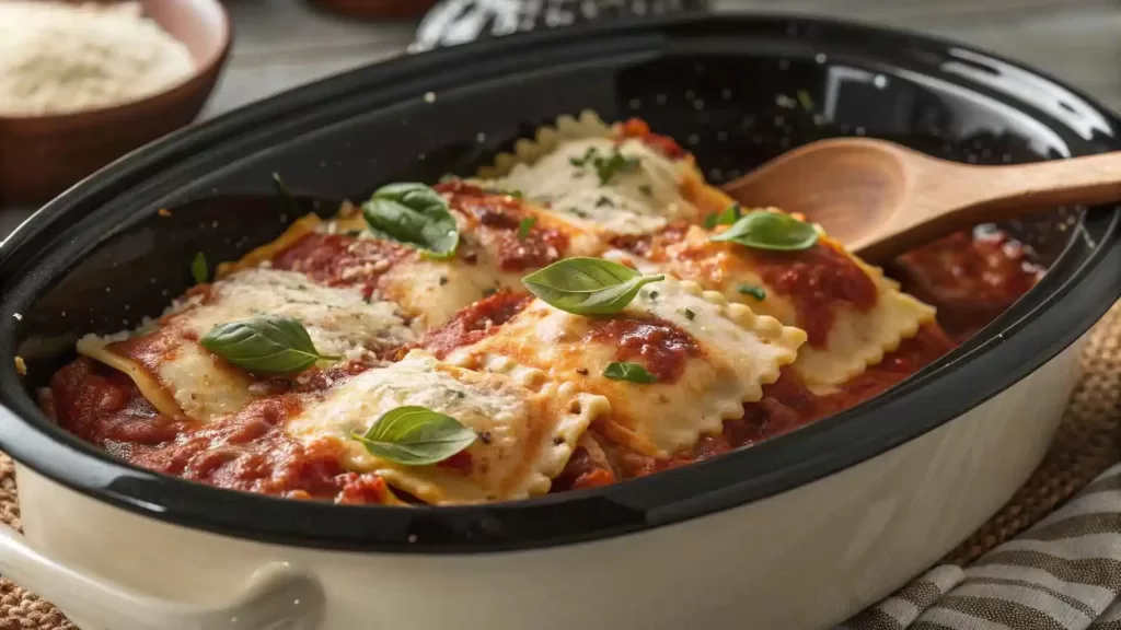 Delicious Crockpot Ravioli Lasagna with melted cheese and tomato sauce in a slow cooker.