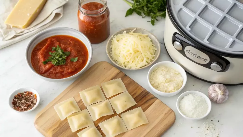 Ingredients for Crockpot Ravioli Lasagna including ravioli, tomato sauce, ricotta, mozzarella, and seasonings.
