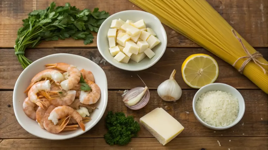 Fresh shrimp, garlic, lemon, parsley, pasta, and cheese arranged neatly on a wooden table for shrimp scampi pasta bake.