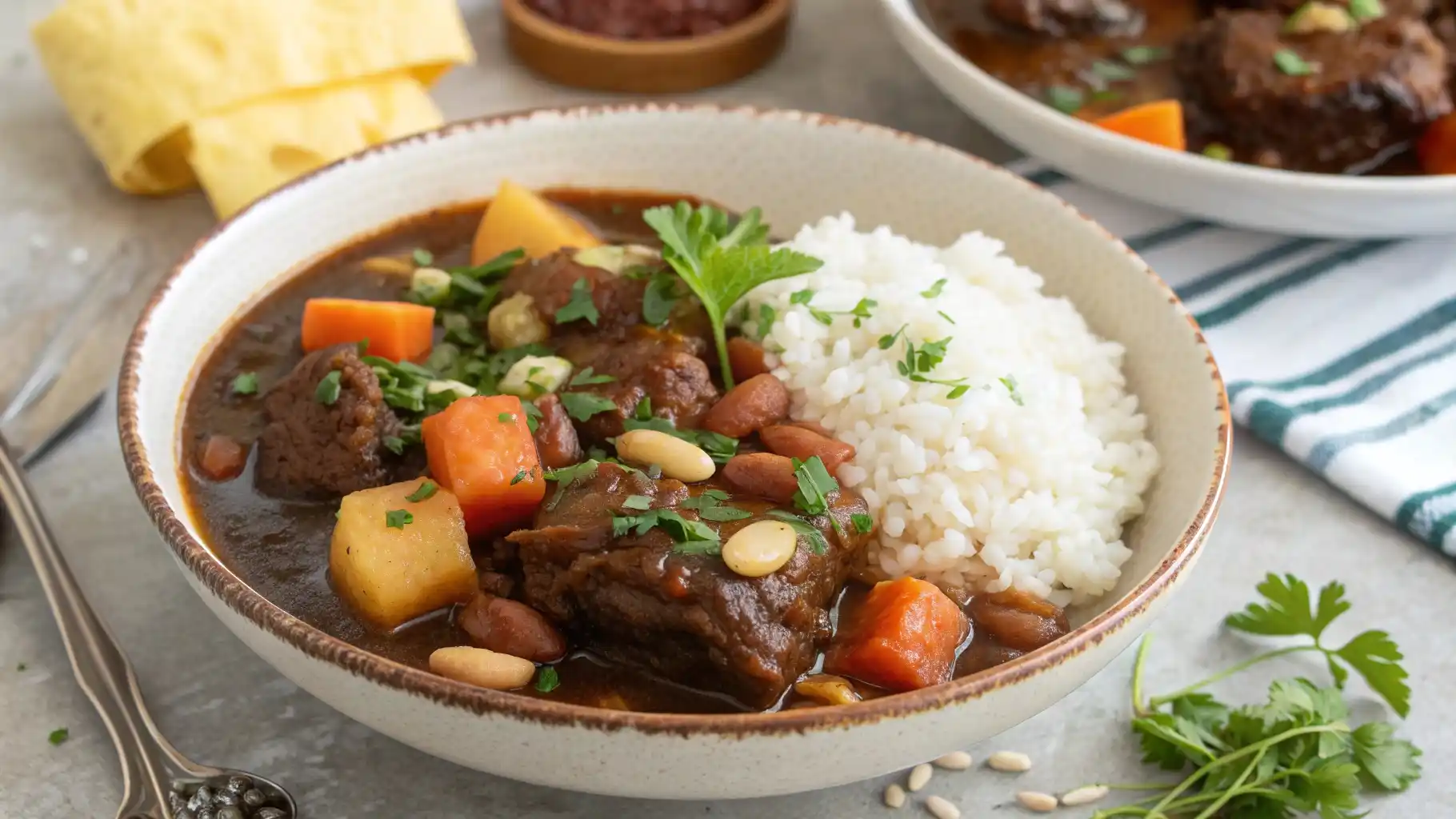 Ultimate Oxtail Recipe Slow Cooker A steaming bowl of Jamaican-style oxtail stew with tender meat, vegetables, and butter beans, served with rice and plantains.