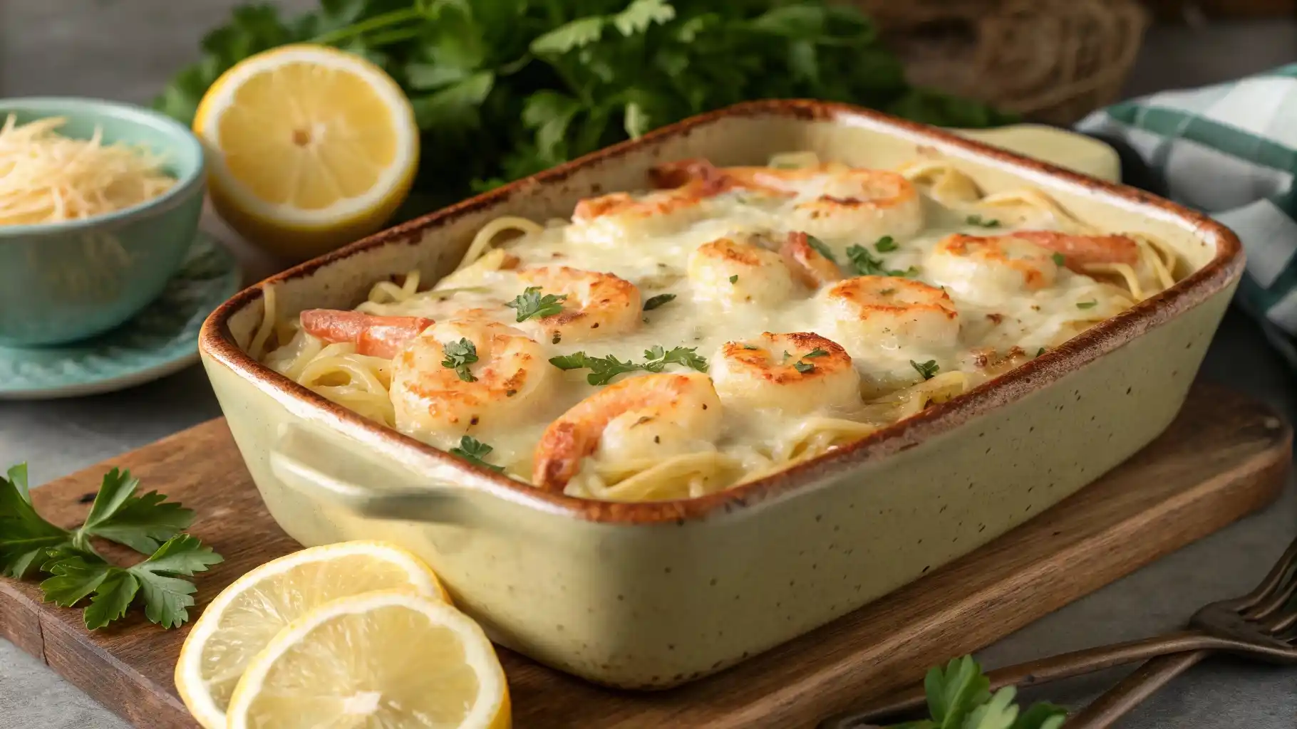 A golden, cheesy shrimp scampi pasta bake in a ceramic dish, garnished with fresh parsley and lemon slices.