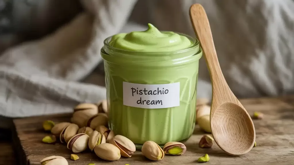 A glass jar filled with smooth, vibrant green pistachio cream recipe, surrounded by fresh pistachios and a wooden spoon on a rustic table.