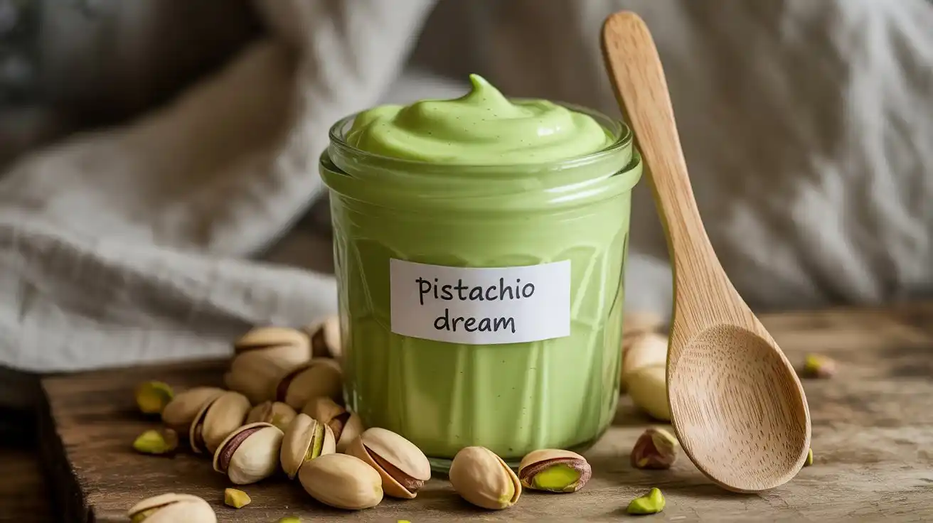 A glass jar filled with smooth, vibrant green pistachio cream recipe, surrounded by fresh pistachios and a wooden spoon on a rustic table.