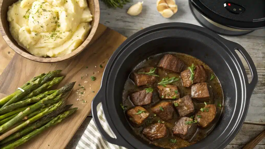Juicy garlic butter steak bites slow-cooked in a crock pot, served with mashed potatoes and roasted vegetables.