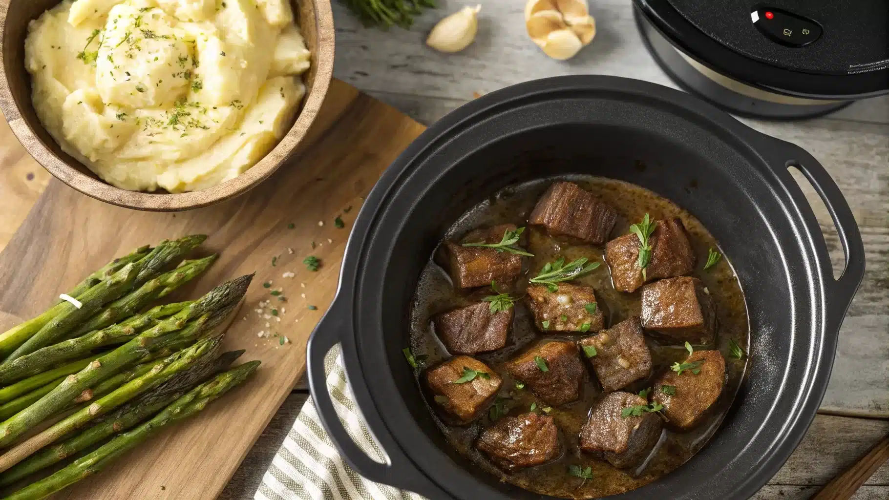 Juicy garlic butter steak bites slow-cooked in a crock pot, served with mashed potatoes and roasted vegetables.