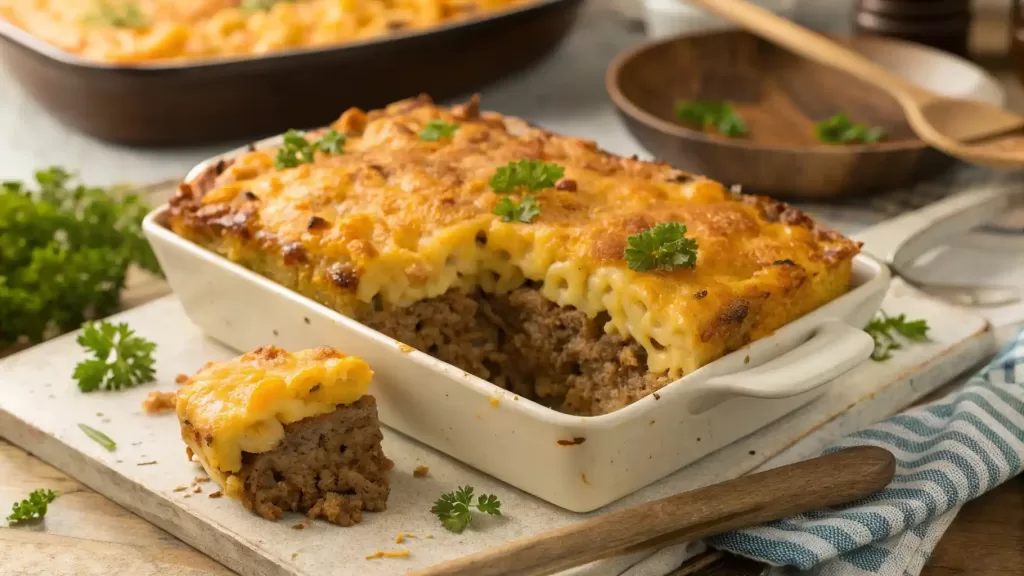 Golden and bubbly Mac and Cheese Meatloaf Casserole in a baking dish, ready to serve.