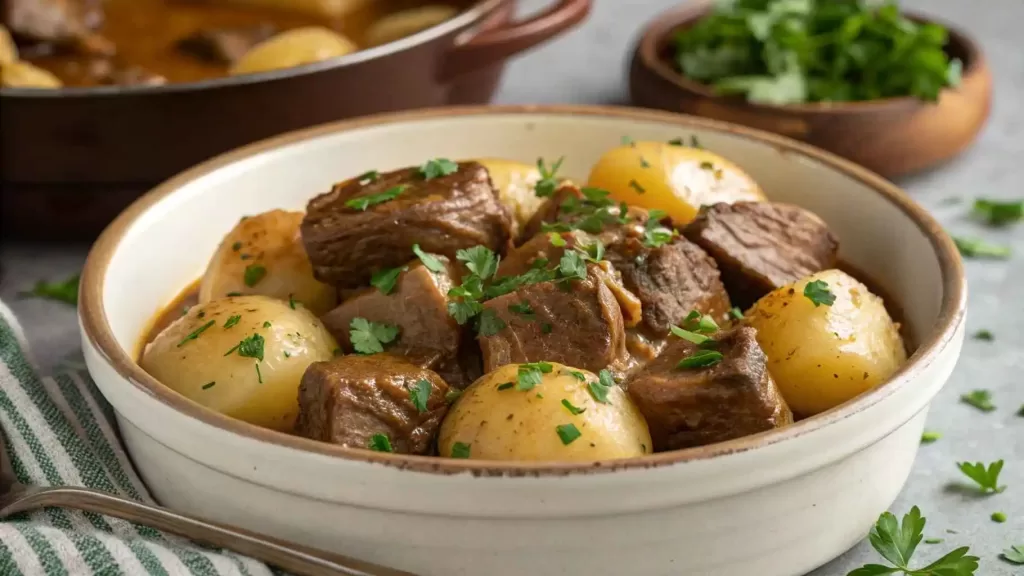 A close-up of tender garlic butter beef bites and golden potatoes in a slow cooker, garnished with fresh parsley.