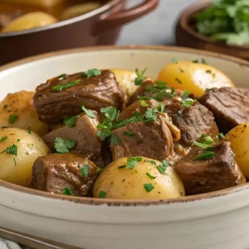 A close-up of tender garlic butter beef bites and golden potatoes in a slow cooker, garnished with fresh parsley.