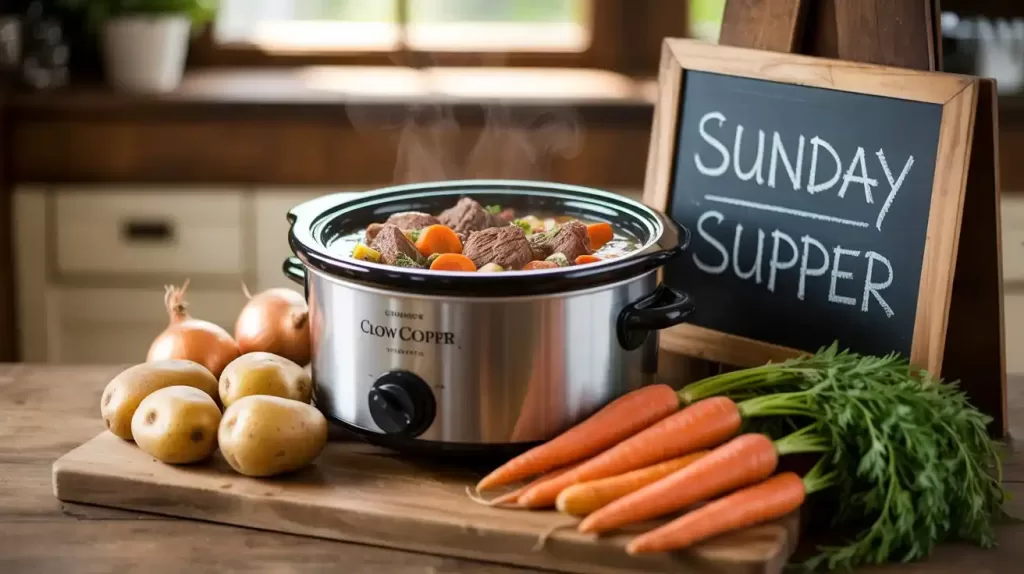 Slow cooker filled with hearty stew surrounded by fresh vegetables on a rustic kitchen counter.