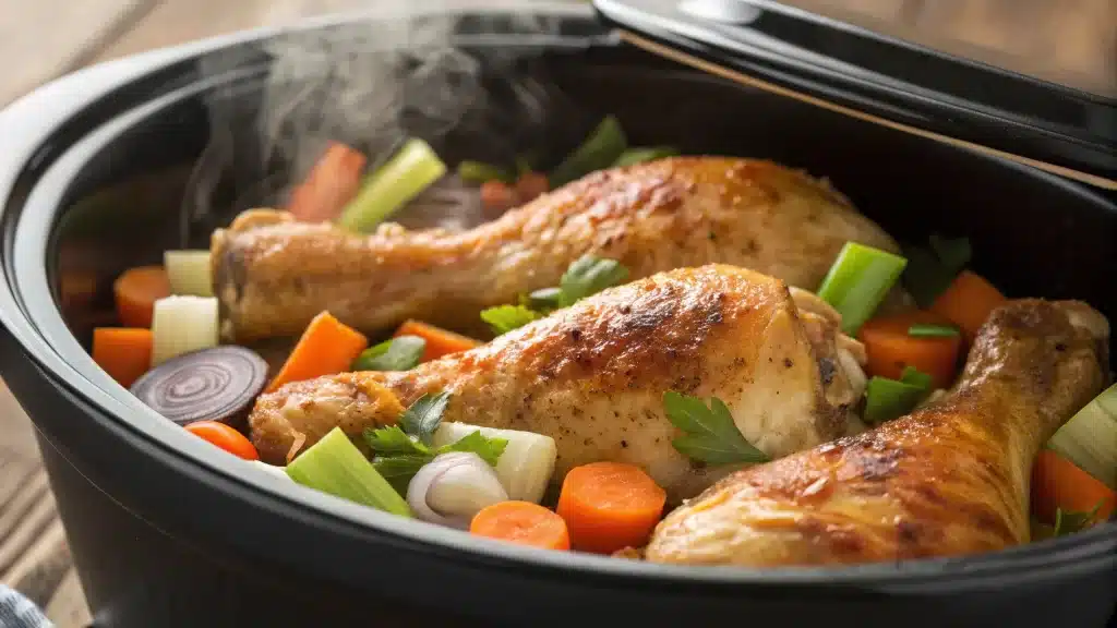 Fall-off-the-bone tender chicken legs in a crock pot, surrounded by vegetables and herbs, ready to serve.