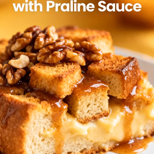 Easy Creamy Bread Pudding with Praline Sauce