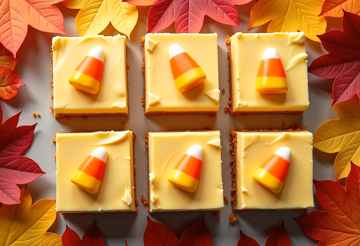 Step-by-step ingredients for Candy Corn Cheesecake Bars, showing colorful layers and candy corn topping