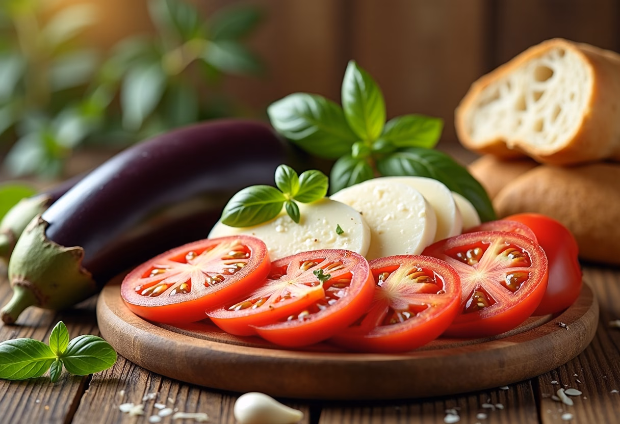 Step-by-step photos showing the assembly of Eggplant Parmesan Bread Pudding in a baking dish.