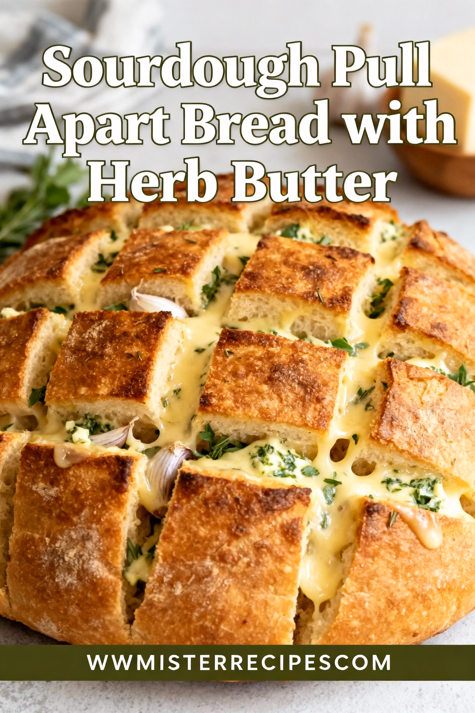 Sourdough Pull Apart Bread with Herb Butter : Sourdough Pull Apart Bread with Creamy Herb Butter Easy Recipe