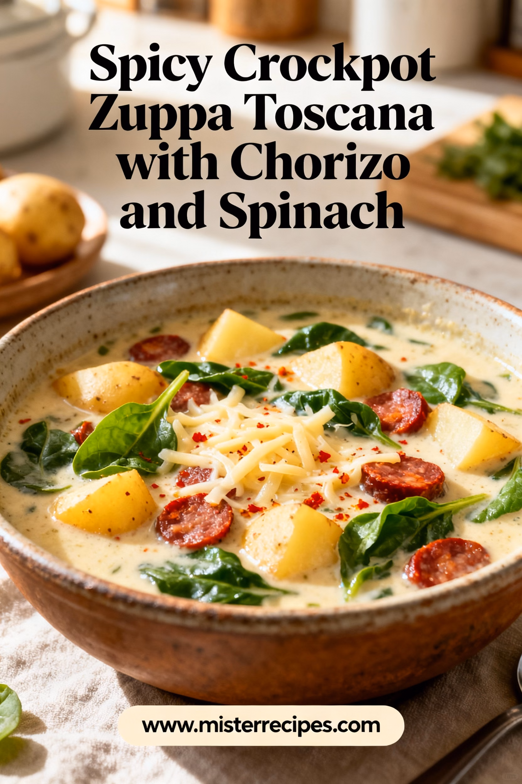 Spicy Crockpot Zuppa Toscana with Chorizo and Spinach : Spicy Crockpot Zuppa Toscana with Chorizo and Spinach Easy Creamy One Pot Recipe